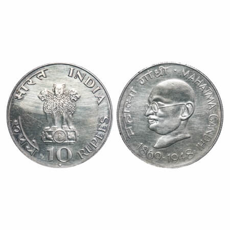 10 Rupees, 1969, Silver (80%), 15.00g, Mahatma Gandhi Centenary (1869-1948), Bombay mint. 