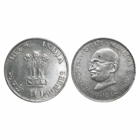 10 Rupees, 1969, Silver (80%), 15.00g, Mahatma Gandhi Centenary (1869-1948), Bombay mint. 