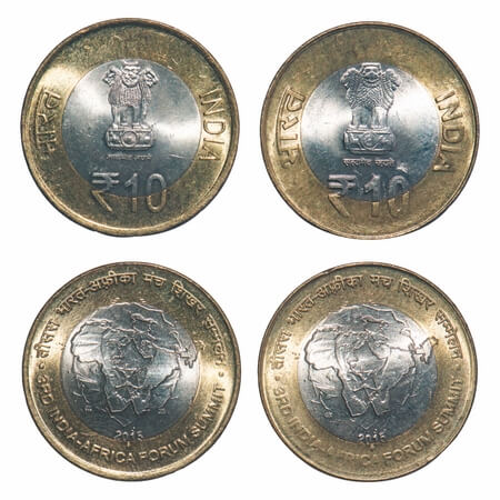 10 Rupees, (2 Coins), 2016. Bimetal, 3rd India Africa Forum Summit bombay mint, 1) Thin le