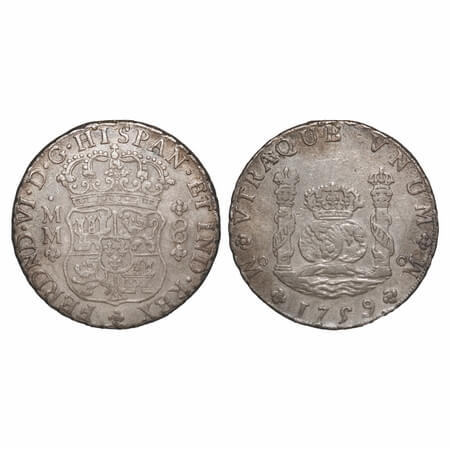 Mexico, Silver 8 Reales, 26.84g, (0.9170 silver), 1759 AD, Mexico City Mint, Obv: crowned 