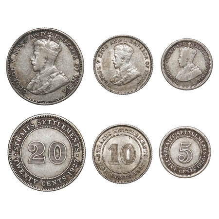 Straits Settelments, Silver (0.600 Silver), (3 Coins), George V, 5 Cents 1926, 10 Cents 19