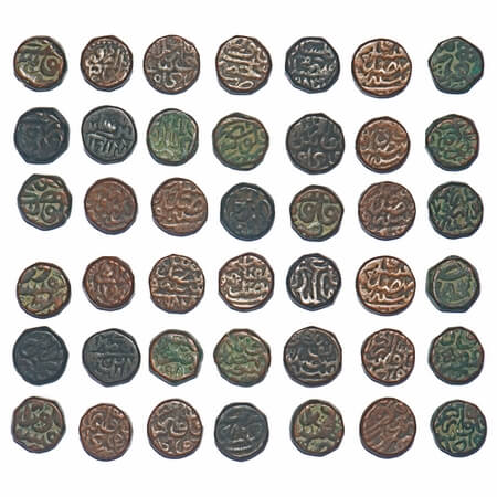 Akbar, Copper Dam (lot of 21 Coins), Ajmer, Dogaon, Hadrat Delhi, Narnol, Urdu Zafar Qarin