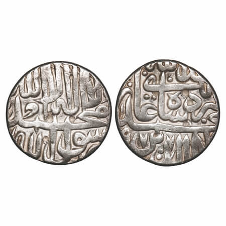 Akbar, Silver Rupee, 10.76g, Akbarpur Tanda Mint, AH 977, date near mint on rev bottom KM 