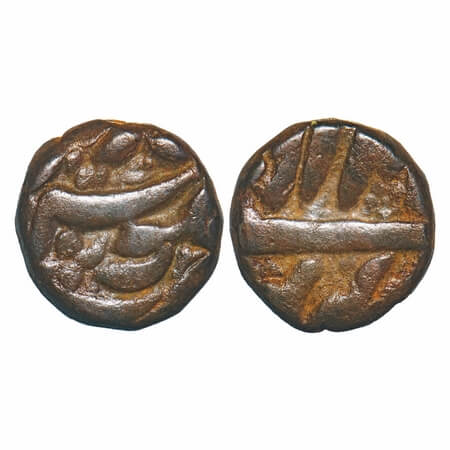 Akbar, Copper ½ Dam, 10.23g, Balapur Mint, Ilahi type, Month Farwadin, 4x RY. KM 23.11. Ve