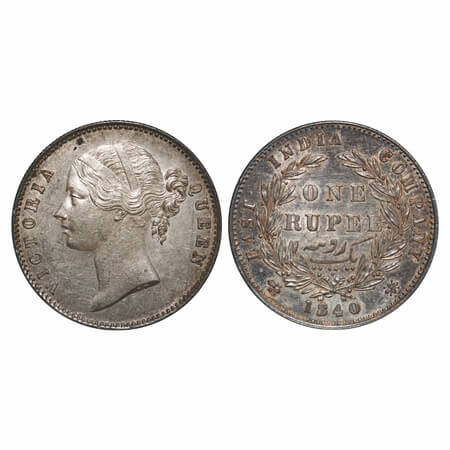 Victoria Queen, Silver, Rupee, 1840, (30.46 - 30.6 mm.), DL, Calcutta Mint, W.W. raised, W