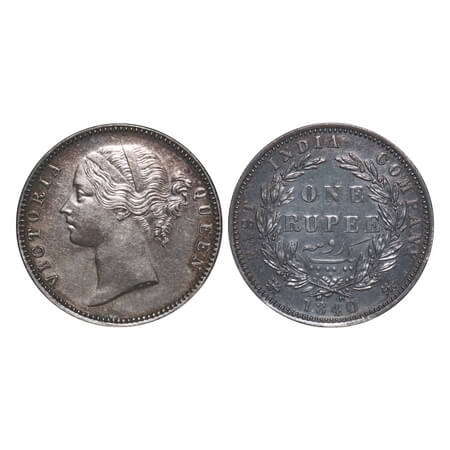 Victoria Queen, Silver, Rupee, 1840, DL, Madras Mint, W.W. 'B' raised, Small 'B', Wreath w