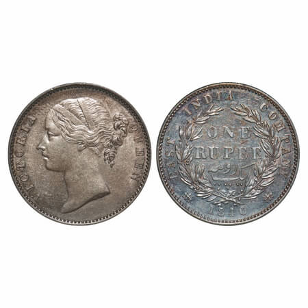 Victoria Queen, Silver, Rupee, 1840, DL, Madras Mint, W.W. 'S.' raised, Wreath with 28 Ber