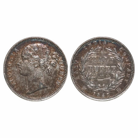 Victoria Queen, Silver, Half Rupee, 1840, DL, Madras Mint, 'B' raised, W.W incused, Wreath
