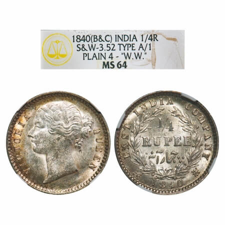 Victoria Queen, Silver, 1/4 Rupee, 1840, DL, Calcutta Mint, W.W. raised, Wreath with 10 Be