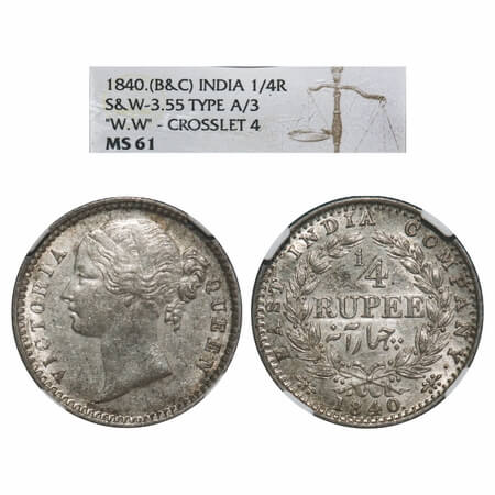 Victoria Queen, Silver, 1/4 Rupee, 1840, DL, Calcutta Mint, W.W. raised, Wreath with 34 Be