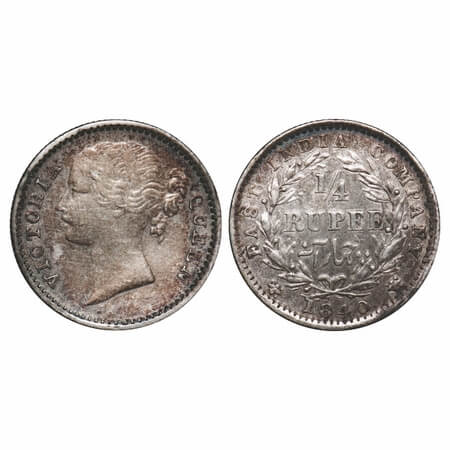 Victoria Queen, Silver, 1/4 Rupee, 1840, DL, Madas Mint, W.W. 'S' raised, Wreath with 10 B