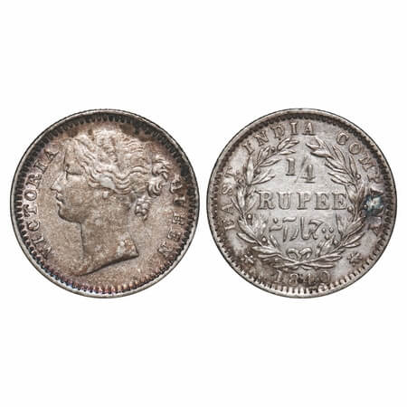 Victoria Queen, Silver, 1/4 Rupee, 1840, DL, Madas Mint, W.W. 'B' raised, Wreath with 10 B