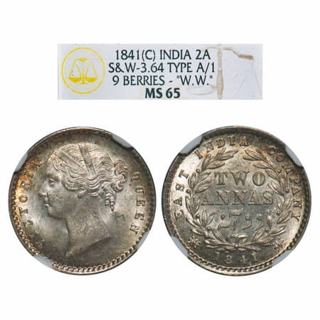 Victoria Queen, Silver, 2 Annas, 1841, DL, Calcutta Mint, W.W. raised, Wreath with 9 Berri