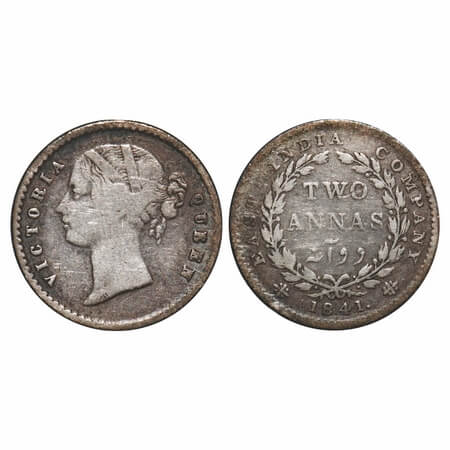 Victoria Queen, Silver, 2 Annas, 1841, DL, Calcutta Mint, W.W. raised, Wreath with 16 Berr