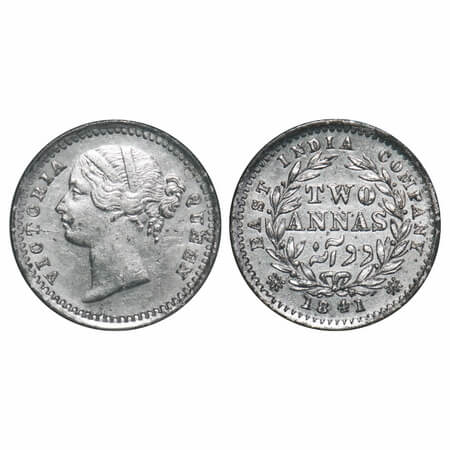 Victoria Queen, Silver, 2 Annas, 1841, DL, Madras Mint, 'S' incused, W.W. raised, Wreath w