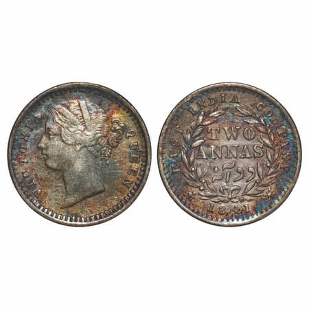 Victoria Queen, Silver, 2 Annas, 1841, DL, Madras Mint, 'S' incused, W.W. raised, Wreath w