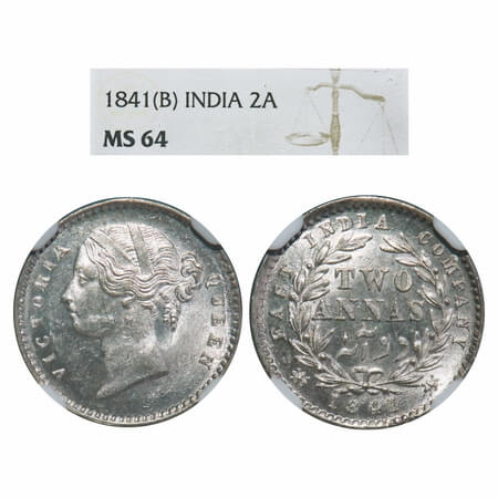Victoria Queen, Silver, 2 Annas, 1841, DL, Bombay Mint, .W.W raised, Wreath with 9 Berries