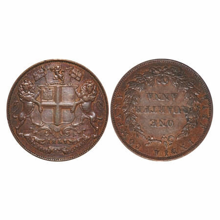 Victoria Queen, Copper, Quarter Anna, 1857, R. Heaton & Sons, Birmingham Mint, Single leaf