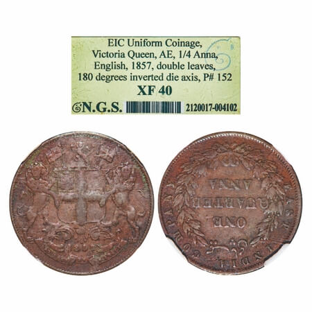 Victoria Queen, Copper, Quarter Anna, 1857, R. Heaton & Sons, Birmingham Mint, Two leaf, R