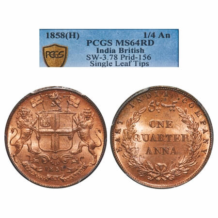 Victoria Queen, Copper, Quarter Anna, 1858, J. Watt & Co., Birmingham Mint, Single leaf, Y