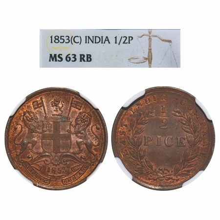 Victoria Queen, Copper, 1/2 Pice, 1853, Calcutta Mint, B/I, Elongated beads above year num