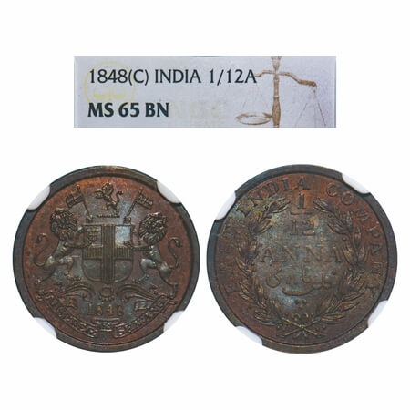 Victoria Queen, Copper, 1/12 Anna, 1848, Calcutta Mint, Wreath with 23 Berries (13L + 10R)