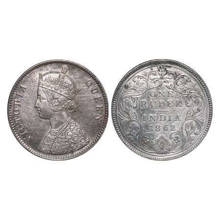 Victoria Queen, Silver, Rupee, 1862, Calcutta Mint, A/II(i), With initial 'J', Pineapple l