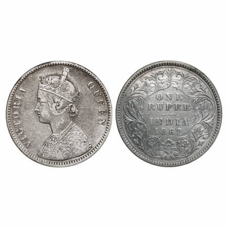 Victoria Queen, Silver, Rupee, 1862, Calcutta Mint, A/III, w/o initial 'J'. F. Prid 65. GK
