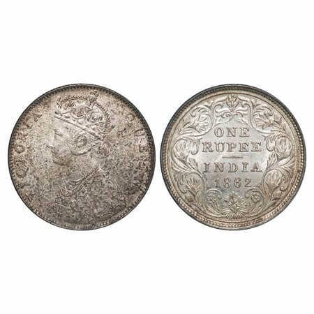 Victoria Queen, Silver, Rupee, 1862, Bombay Mint, D/II, Flower above 'E' of One normal siz