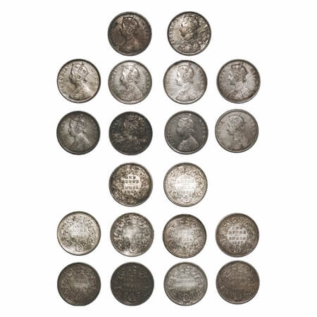 Victoria Queen, Silver, Rupee, 1862, (10 coins), 1) Calcutta Mint, A/I/0/0, With initial '