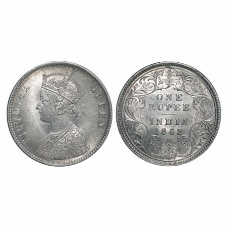 Victoria Queen, Silver, Rupee, 1862, Calcutta Mint, A/I, w/o initial 'J'. F. Prid 66. GK 2
