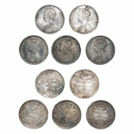 Victoria Queen, Silver, Rupee, 1862, (5 coins), Bombay Mint, A/II/0/4, w/o initial 'J', Al