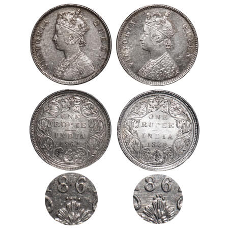 Victoria Queen, Silver, Rupee, 1862, (2 coins), Bombay Mint, 1) A/II/0/4, w/o initial 'J',