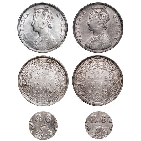 Victoria Queen, Silver, Rupee, 1862, (2 coins), Bombay Mint, B/I/0/4, Dots arranged are in