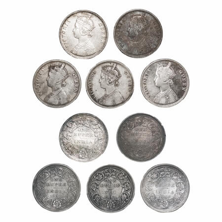 Victoria Queen, Silver, Rupee, 1862, (5 coins), Bombay Mint, A/II/0/6, 1) Complete 'D' in