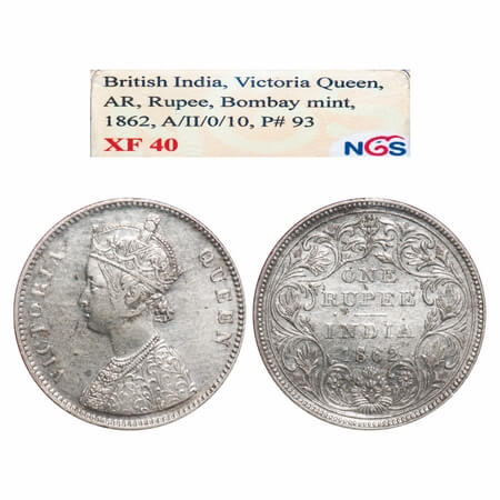Victoria Queen, Silver, Rupee, 1862, Bombay Mint, A/II/0/10, w/o initial 'J'. F. Prid 93. 