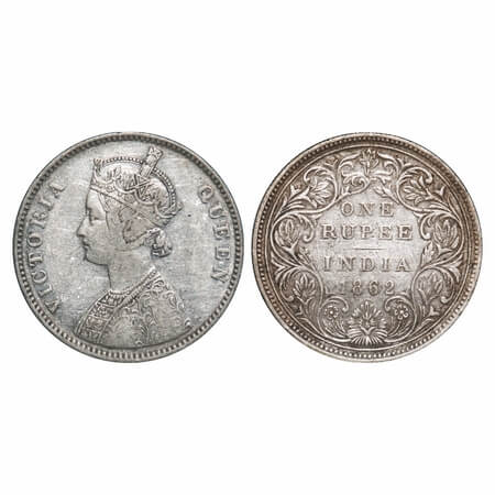 Victoria Queen, Silver, Rupee, 1862, Bombay Mint, A/II/0/12, w/o initial 'J'. F. Prid 100.