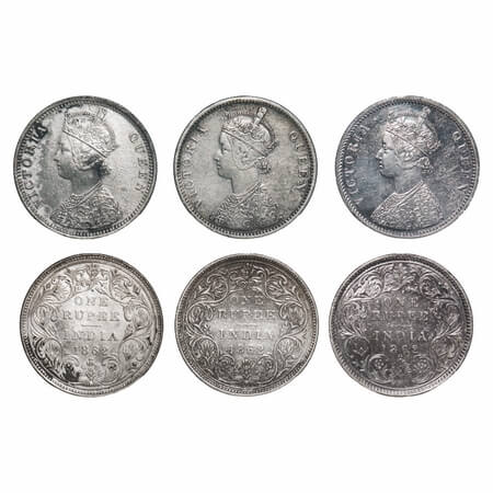 Victoria Queen, Silver, Rupee, 1862, (3 coins), Bombay Mint, 1) A/I/1/2, With initial 'J',