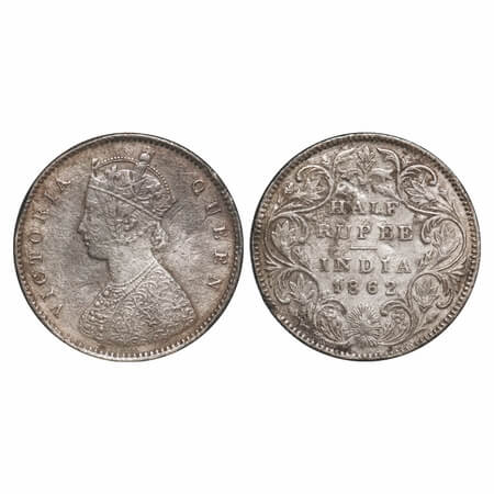 Victoria Queen, Silver, Half Rupee, 1862, Calcutta Mint, A/II, The Queens jabot has a 4 co