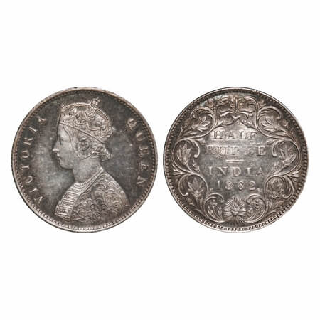 Victoria Queen, Silver, Half Rupee, 1862, Bombay Mint, B1/II, The Queens jabot has a 4 & 3