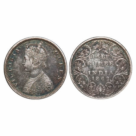 Victoria Queen, Silver, Half Rupee, 1862, Madras Mint, B1/II, The Queens jabot has a 4 & 3