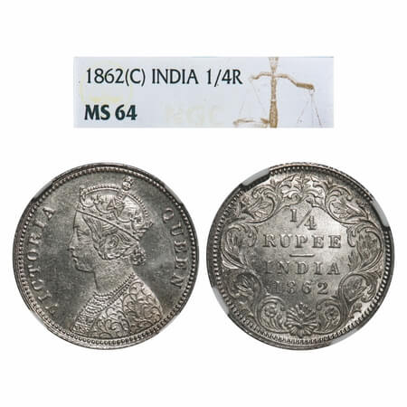 Victoria Queen, Silver, 1/4 Rupee, 1862, Calcutta Mint, A/I, Queens jabot has 4 complete p