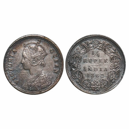 Victoria Queen, Silver, 1/4 Rupee, 1862, Bombay Mint, A/I, Error, 1st letter 'I' in Victor
