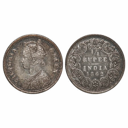 Victoria Queen, Silver, 1/4 Rupee, 1862, (19.76 - 19.81mm.), Bombay Mint, A/I, Queens jabo