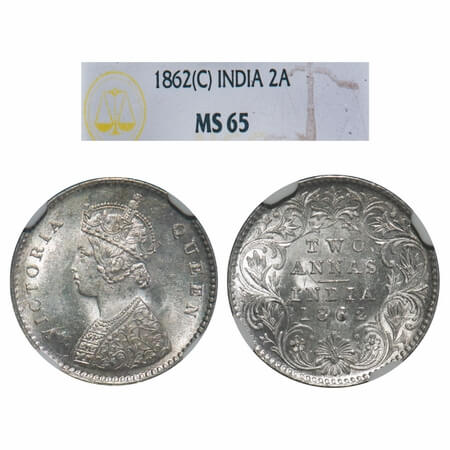 Victoria Queen, Silver, 2 Annas, 1862, Calcutta Mint, A/I, Queens jabot has 4 complete pan