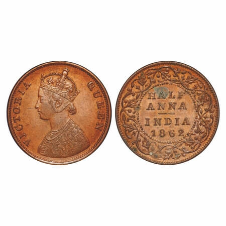 Victoria Queen, Copper, 1/2 Anna, 1862, Madras Mint, A/I, Queens jabot has 4 & 1/2 panels,