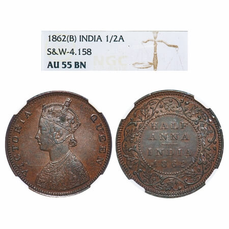 Victoria Queen, Copper, 1/2 Anna, 1862, Bombay Mint, A/I(i), Queens jabot has 4 & 1/2 pane