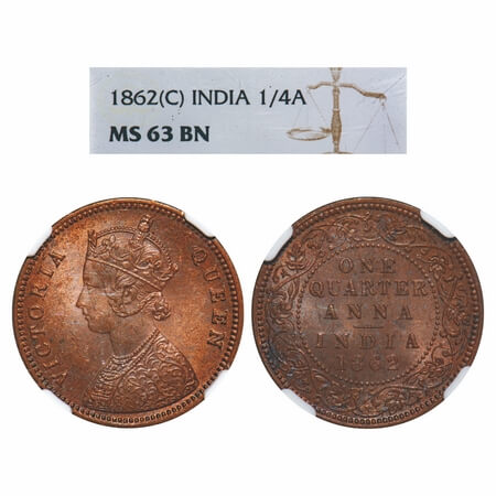 Victoria Queen, Copper, Quarter Anna, 1862, Calcutta Mint, A1/I, No mint mark, Tiny 'V' ra