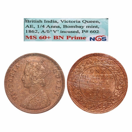 Victoria Queen, Copper, Quarter Anna, 1862, Bombay Mint, A/I, No mint mark, Tiny 'V' incus