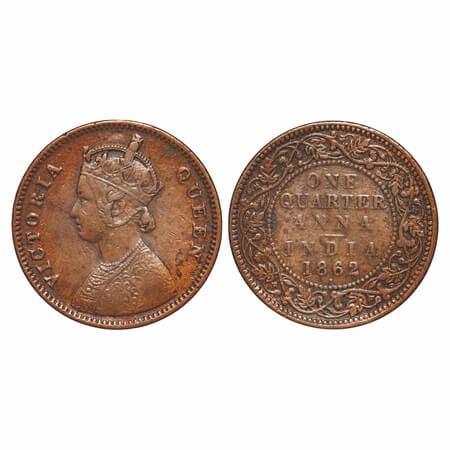 Victoria Queen, Copper, Quarter Anna, 1862, Bombay Mint, A/I, Dot, Tiny 'V' incused, Queen